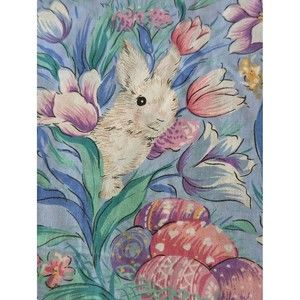 Vintage Easter Bunny Spring Tulips Tablecloth 60x82 Rabbits Blue Eggs Flowers